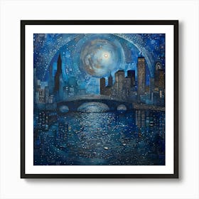 New York City At Night, Tiny Dots, Pointillism Art Print