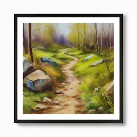 Path In The Woods.A dirt footpath in the forest. Spring season. Wild grasses on both ends of the path. Scattered rocks. Oil colors.31 Art Print