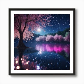 Moonlight and Reflections of Pink Cherry Blossom Art Print