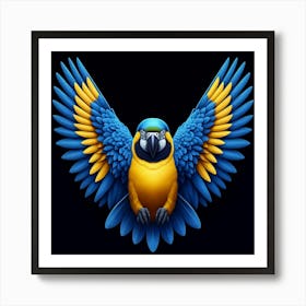 A Stunning Digital Painting of a Vibrant Macaw Parrot with Bright Blue and Yellow Feathers, Capturing the Bird's Majesty and Elegance with Intricate Details and Lifelike Textures, Set against a Dark Background to Make the Parrot the Center of Attention Art Print