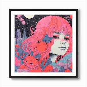 Ethereal Girl Surreal Risograph Illustration, Bubblegum Colours 3, Cats & Dreams Art Print