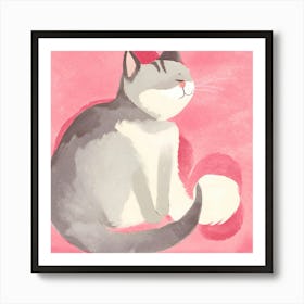 Cat Sitting On Pink Background Art Print