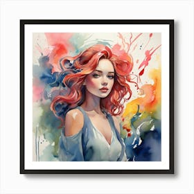 Watercolor Of A Girl With Red Hair Art Print