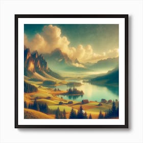Landscape With Mountains And Lake Painting Art Print