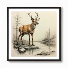 Deer By The Stream 1 Art Print