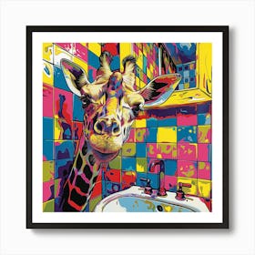 Giraffe In Bathroom Art Print