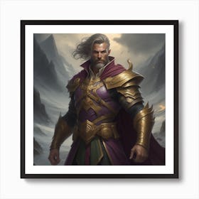 Handsome wizard with a strong determined attitude, prepairing a battle with his enemy, mountain and seascape in the background, gold, purple, dark grey color shades, "Head and shoulders portrait, 8k resolution concept art portrait by Greg Rutkowski, Artgerm, WLOP, Alphonse Mucha dynamic lighting hyperdetailed intricately detailed Splash art trending on Artstation triadic colors Unreal Engine 5 volumetric lighting". Generated with AI, Art Style: Imagine V4, Negative Promt: no unpopular themes, CFG Scale: 3.0, Step Scale: 50. Art Print