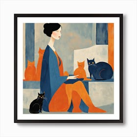Calm Woman and cat Portrait ai-drawing-generator Art Print
