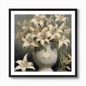 Imagine An Oil Painting Of A Victorian Era Porcelain Vase Filled With Delicate Lilies And Adorned Art Print