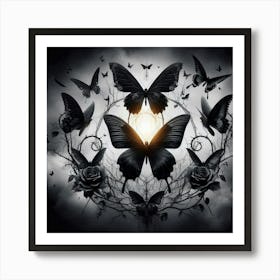 Black Butterflies And Roses Art Print