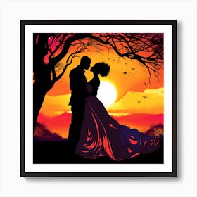 Silhouette Of Bride And Groom At Sunset Art Print