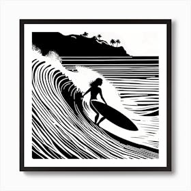 Linocut Black And White Surfer Girl On A Wave art, surfing art, 260 Art Print