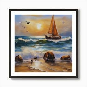 Oil painting design on canvas. Sandy beach rocks. Waves. Sailboat. Seagulls. The sun before sunset.8 Art Print