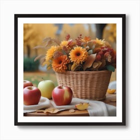 Photo An Autumn Flower Arrangement In A Basket Is On The Table Next To A Hat And Apples 3 Art Print