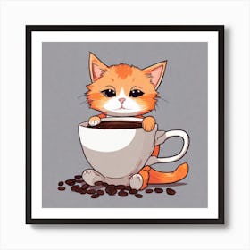 Cute Orange Kitten Loves Coffee Square Composition 18 Art Print