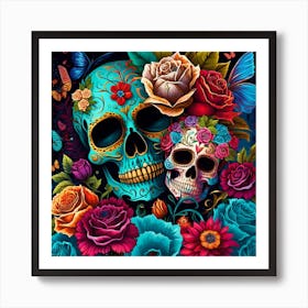 Sugar Skulls And Flowers Art Print