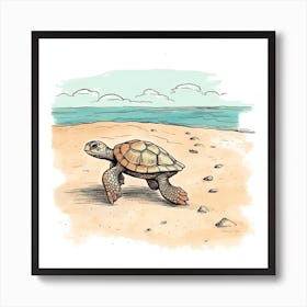 Cute Sea Turtle On The Beach Drawing 8 Art Print