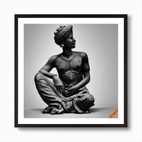 Indian Man Sitting On Ground Side Profile Black And White Statue Art Print