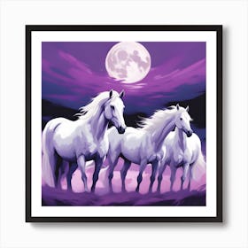 Three White Horses In The Moonlight Art Print