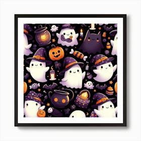 Halloween Cute Ghosts On Black Pattern Art Print