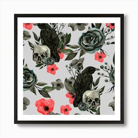 Crows And Flowers hand drawn illustrated pattern Art Print