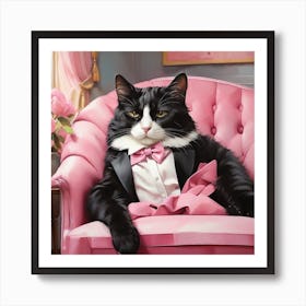 Cat Nap Tuxedo Cat Napping In Pink Interior Art Print 3 Art Print