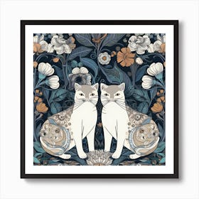 William Morris  Inspired  Classic Cats White Cats Blue Square Art Print