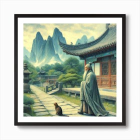 Chinese scholar with a cat2 Art Print