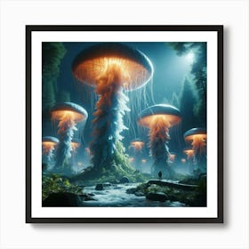 Enchanting Fantasy Art: Gigantic Mithril Jellyfish, Moonlit Forest with Glowing Mushrooms | Epic Cinematic 8K Resolution Matte Painting | Trending on Artstation & Unreal Engine 5 Art Print