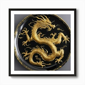 Plato Negro Oriental Con Dragon Dorado Art Print