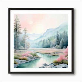 Watercolor Landscape Minimalist With Shades Of Blush Pink Pale Blue And Mint Green Art Print