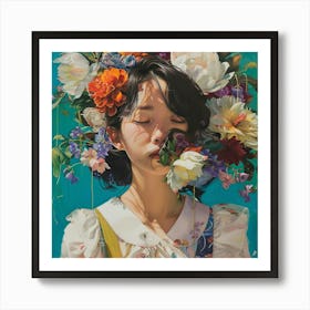 Japanese Girl With Flowers On Her Head Art Print