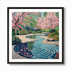 Japanese Zen Garden in Spring Series. Style of David Hockney Art Print