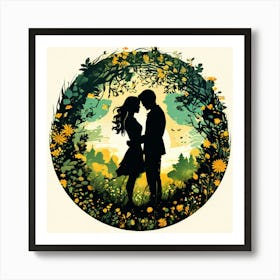 Couple Kissing In The Garden, Silhouettes Of Two People Hugging Surrounded By Elements Of Nature Flowers Trees Growing , Silhouette Of Couple In The Forest Art Print