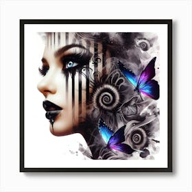 Black And White Girl With Butterflies Art Print