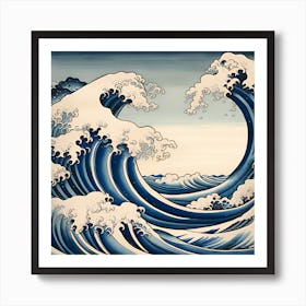 Great Wave Off Kanagawa, Navy Blue Japanese Monochromatic Art Print