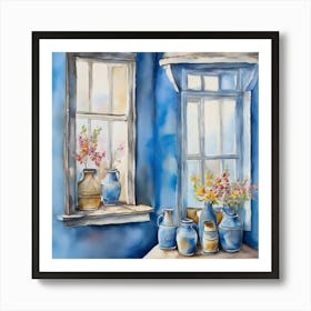 Blue wall. Open window. From inside an old-style room. Silver in the middle. There are several small pottery jars next to the window. There are flowers in the jars Spring oil colors. Wall painting.45 Art Print