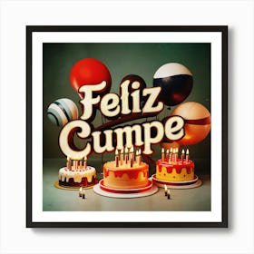 Feliz cumple and Feliz cumpleaños sign means Happy Birthday in Spanish language, Birthday party celebration gift with birthday cake candle colorful balloons best congratulation over light background wall artFeliz Cumple 46 Art Print