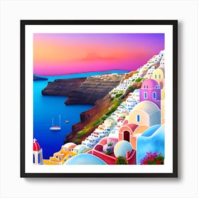 Santorini Island At Sunset Art Print