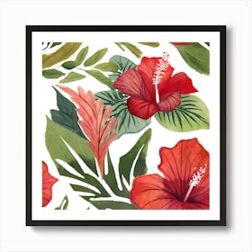 Botanical Wall Art Flowers Red Hibiscus Leaves #2 Art Print