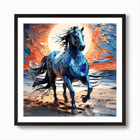 Blue Horse On The Beach Art Print