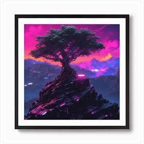 Single Tree On Top Of The Mountain Neon Ambiance Abstract Black Oil Gear Mecha Detailed Acrylic (2) Art Print