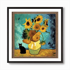 Vase With Three Sunflowers With A Black Cat, Van Gogh Inspired 1 Art Print