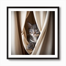 Kitten Peeking Out Of Curtains Art Print