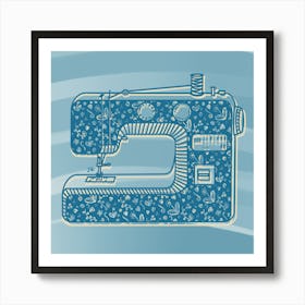 Sewing Machine Floral Pattern Blue Art Print