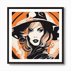 A Silhouette Of A Woman Wearing A Black Hat And Laying On Her Back On A Orange Screen, In The Style (4) Art Print