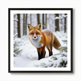 A Fox In The Snow In The Middle Of The Forest Art Print