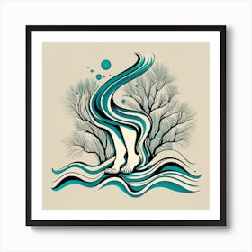 Feet on sea waves with Branch tree-Aqua Art Print