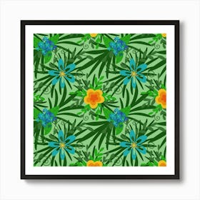 Tropical Leaves And Blue Flowers, Pattern Art Print