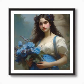 Girl With Blue Flowers Art Print